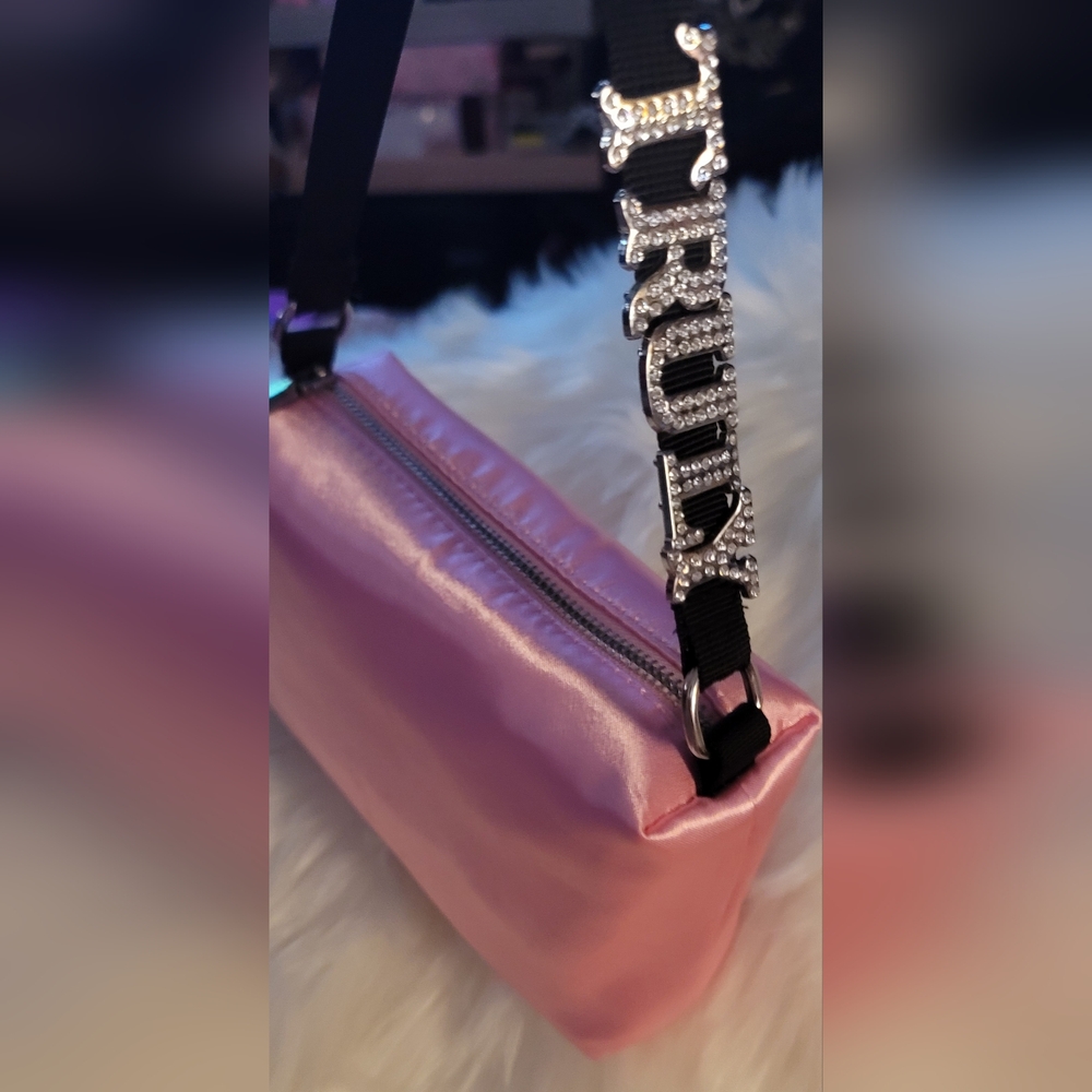 Truly Satin bag with sliding Rhinestone Logo Brand New 💎 - Picture 3 of 7